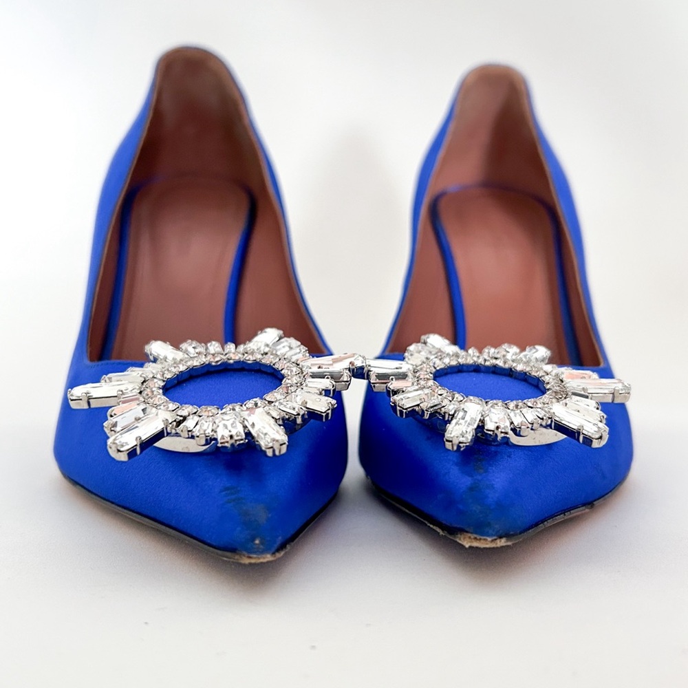 Amina Muaddi Begum Electric Blue Satin Crystal Rhinestone Pumps High Heels 37 - Picture 8 of 12